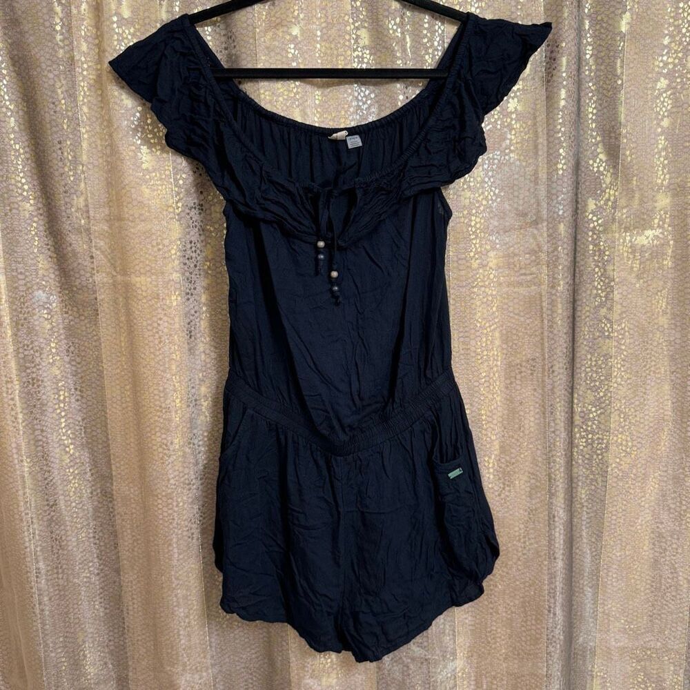 Roxy Black Shorts Romper Ruffle Neckline Beach Resort Wear Medium